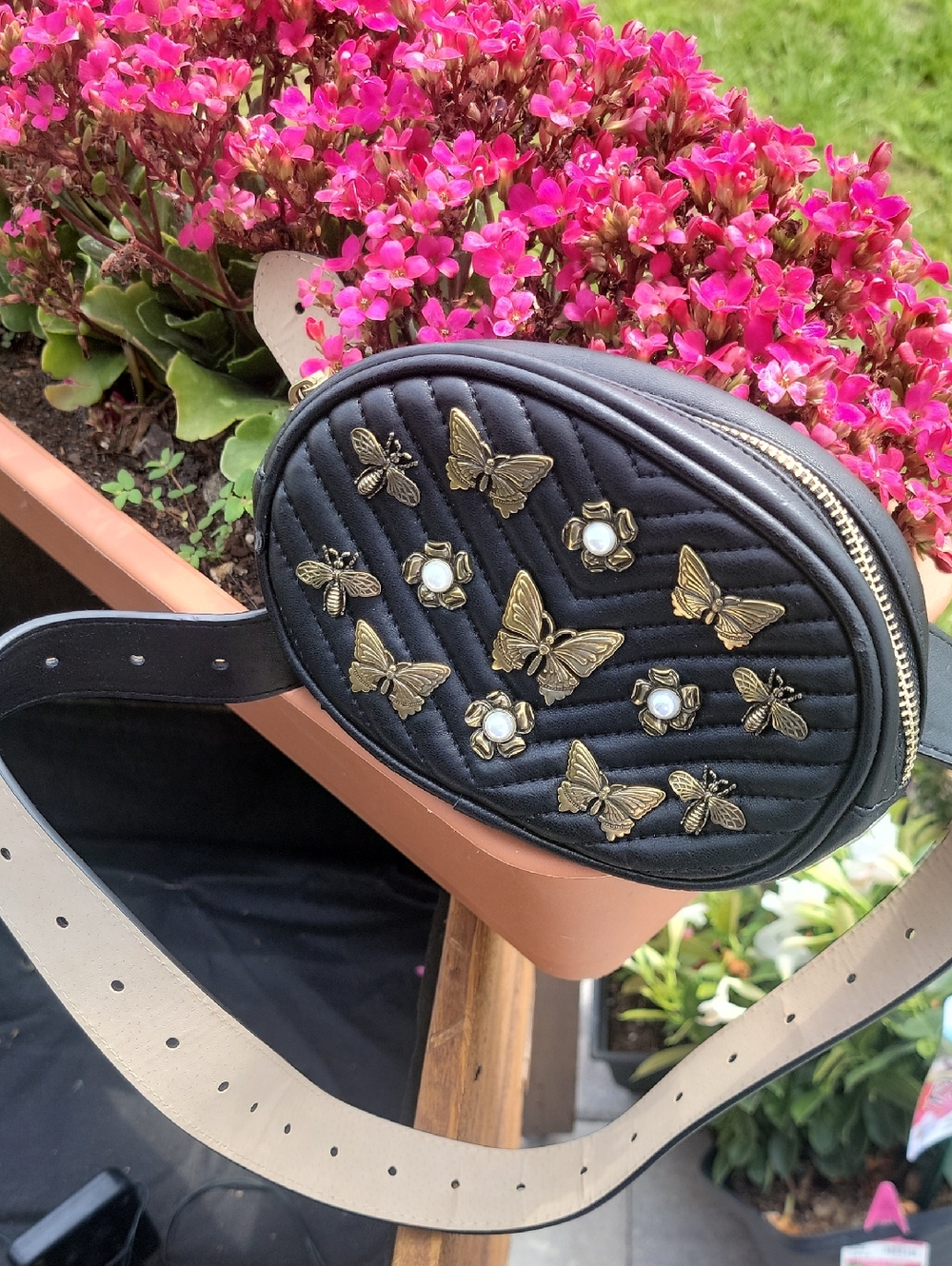 Black Quilted Butterfly Belt Bag with Gold Accents